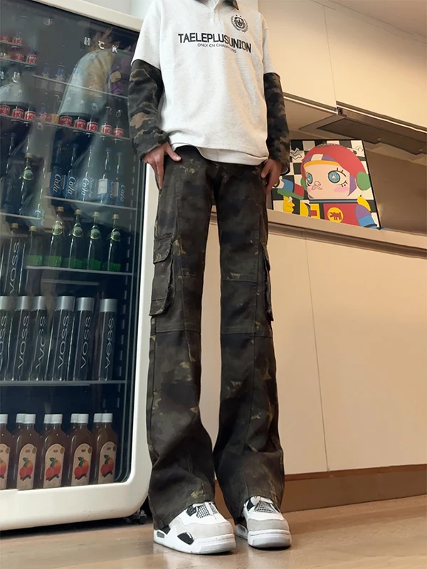 American Camouflage Workwear Jeans Men's High Street Multi-Pocket Design Sensation Pants Retro Straight Leg Slimming Flared P...