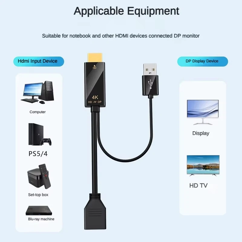 4K@60Hz 2K@120Hz HDMI-Compatible to DisplayPort Cable HDMI Source To DP Display Monitor Cable for PC Laptop PS5 Xbox view 4