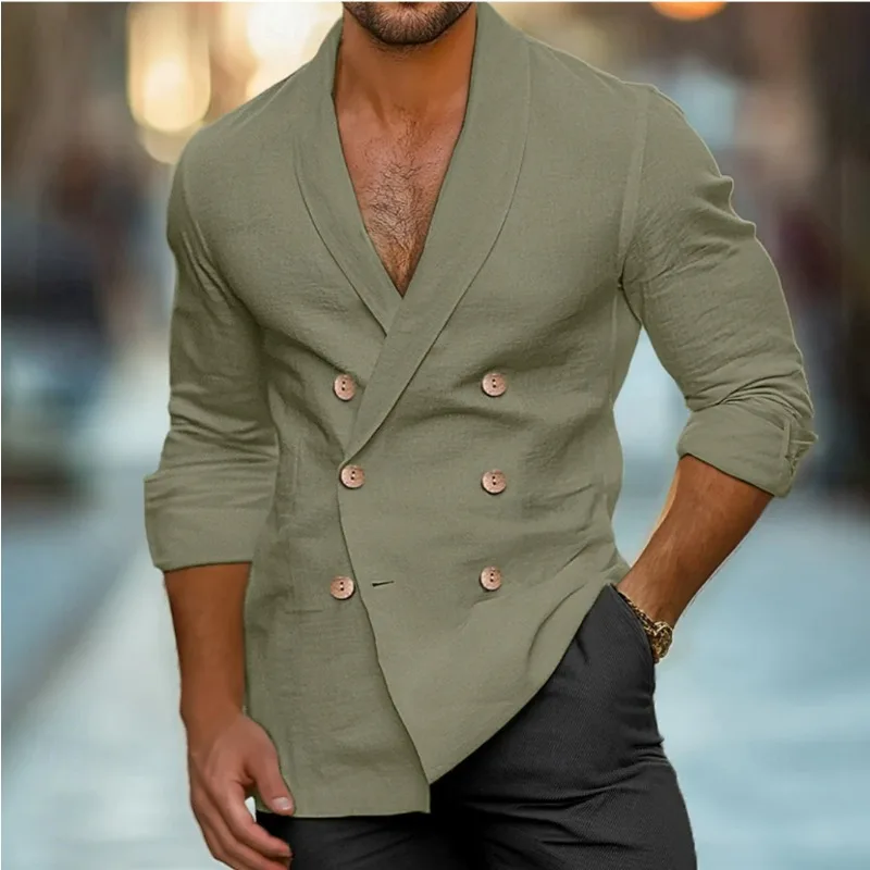 KIDWHXR Man Summer Suit Coat Slim Thin Solid Double-breasted Men Outerwear Long Sleeve Breathable Business Casual Male Blazer