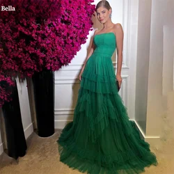 Bella A-Line Tulle Strapless robes de soirée Sleeveless Floor-Length Evening Dresses Cocktail Party Tiered Ruffle Wedding Dress