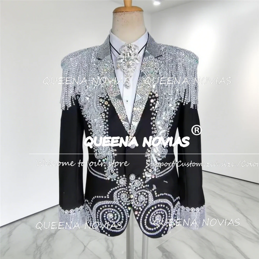 Sparkling Beaded Stones Suits Men 2 Pieces Sets Customized Single Breasted Groom Blazer With Pants Male Fashion Wedding Tuxedos