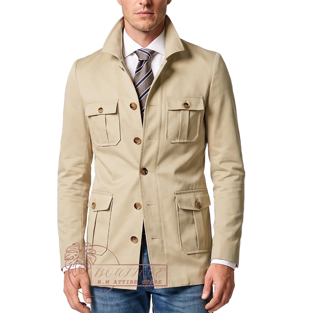 Classic Men's Suit Jacket Khaki Safari Blazer Custom Slim Fit for Daily Casual Party