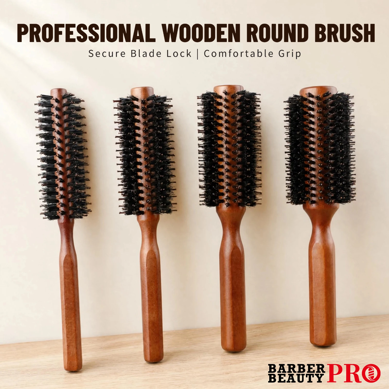 Professional 4 Sizes Boar Bristle Round Hair Brush Wooden Anti Slip Handle Salon Home Blow Dry Curling Volume Styling Brush