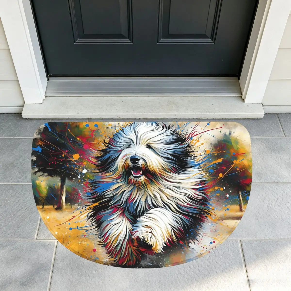 Old English Sheepdog Dog Portrait Acrylic Art Flannel Half Round Doormat Non Slip Bathroom Mat Absorbent Floor Carpet for Home