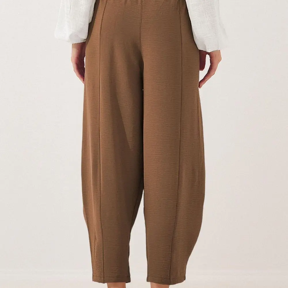 Casual Women Loose Straight Pants High Waist Nine Point Trousers Functional Pockets Adjustable Drawstring Daily Vacation Wear
