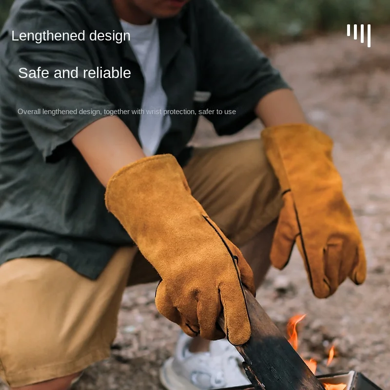 Outdoor Bbq Lange Stijl Anti Scald Handschoenen Koeienhuid Hittebestendige En Geïsoleerde Oven Handschoenen Camping Beschermende Handschoenen Voor