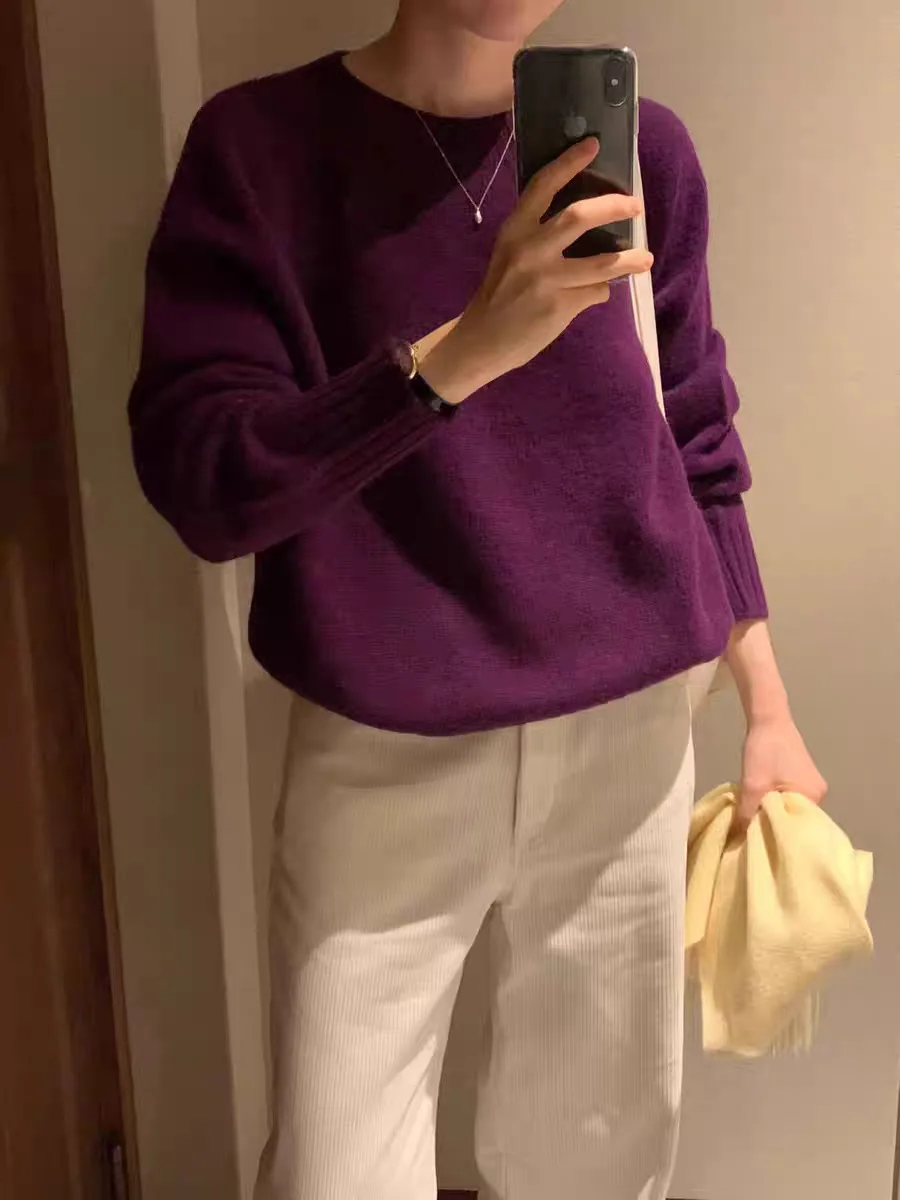 เสื้อสเวตเตอร์ถักนิตติ้งทรงหลวม นุ่ม สบาย สีพื้น เรียบง่าย สไตล์ลำลอง สำหรับผู้หญิง แบรนด์ Dongda Gate OUCE แฟชั่นฤดูใบไม้ร่วงและฤดูหนาว