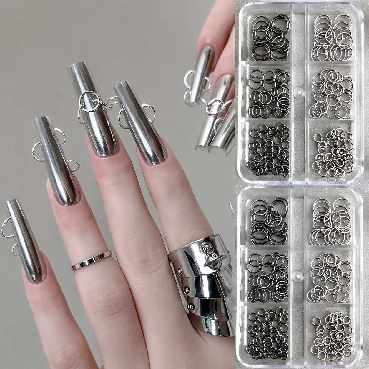Mixed Size Silver Metal Nail Piercing Rings 6 Grids Punk Circle Hoop Charms 3D Alloy Y2K Nail Art Manicure Decor Accessories