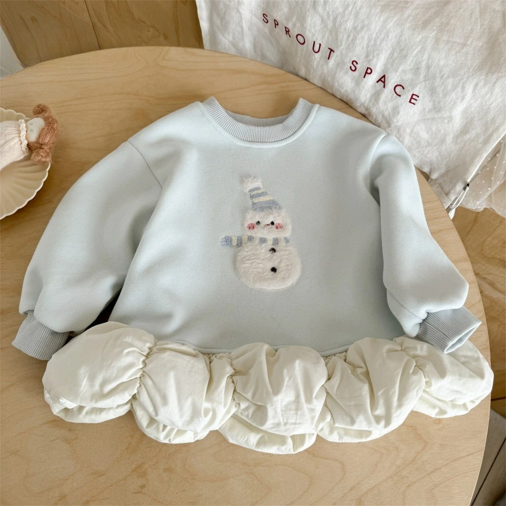 New Autumn Winter Girls Fleece Lined Two Piece Set, Cute Snowman Sweatshirt With Striped Leggings Kids Outfit