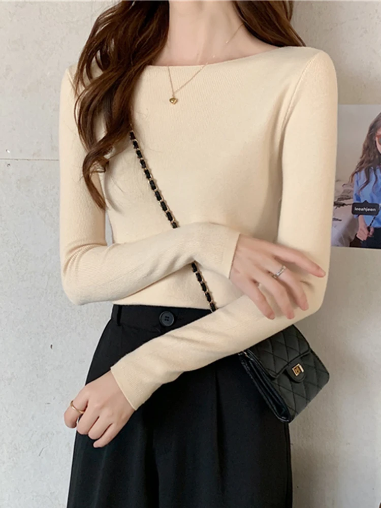 Autunno inverno donna maglioni Slash Neck Slim pullover lavorati a maglia chic Basic Solid Jumper maglione femminile Casual Jersey Tops