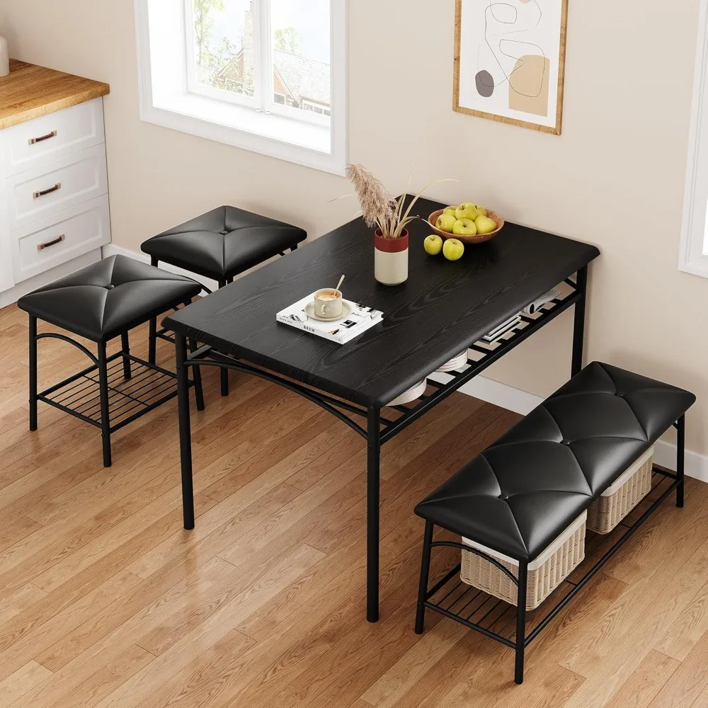 Dining Table with Benches, Kitchen Table Set for 4, Dining Room Table Set with Upholstered Bench and Square Stools