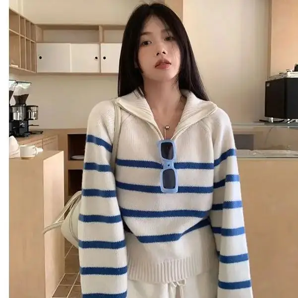 

Half-Zip Sweater Women Polo Collar Korean Style Striped Tops For Women Winter Loose Casual Knitted