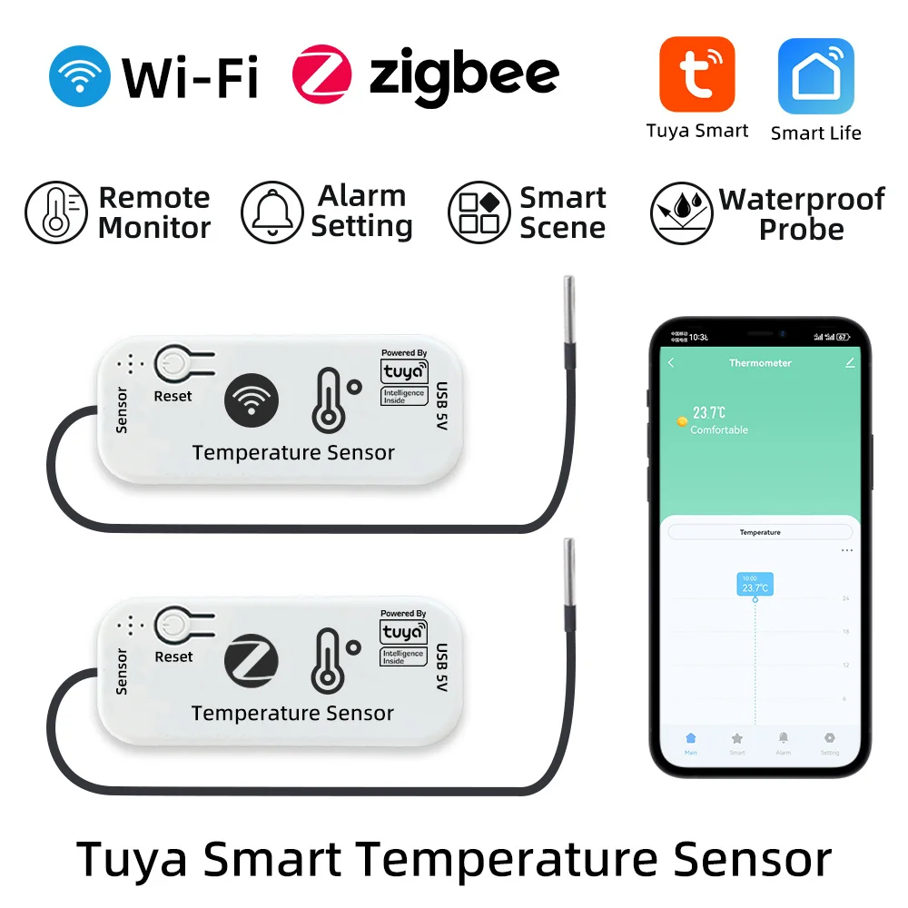 Tuya Smart WiFi /Zigbe Temperature Sensor -20°C to 105°C Remote Monitoring Alarm Alerts Smart Home Thermometer Smart Life APP
