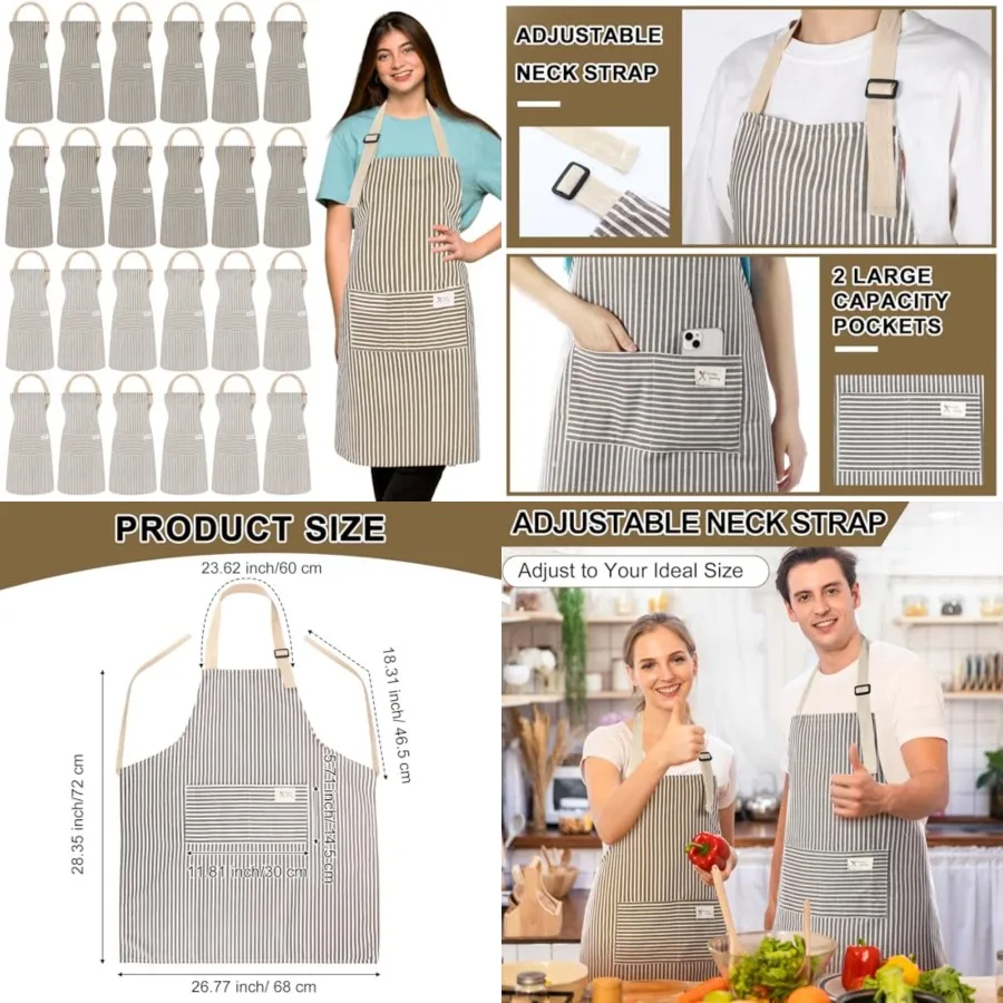 Janmercy 24 Pcs Aprons for Women Men with 2 Pockets Linen Cooking Kitchen Apron Adjustable Bib Chef Apron Bulk Aprons Unisex