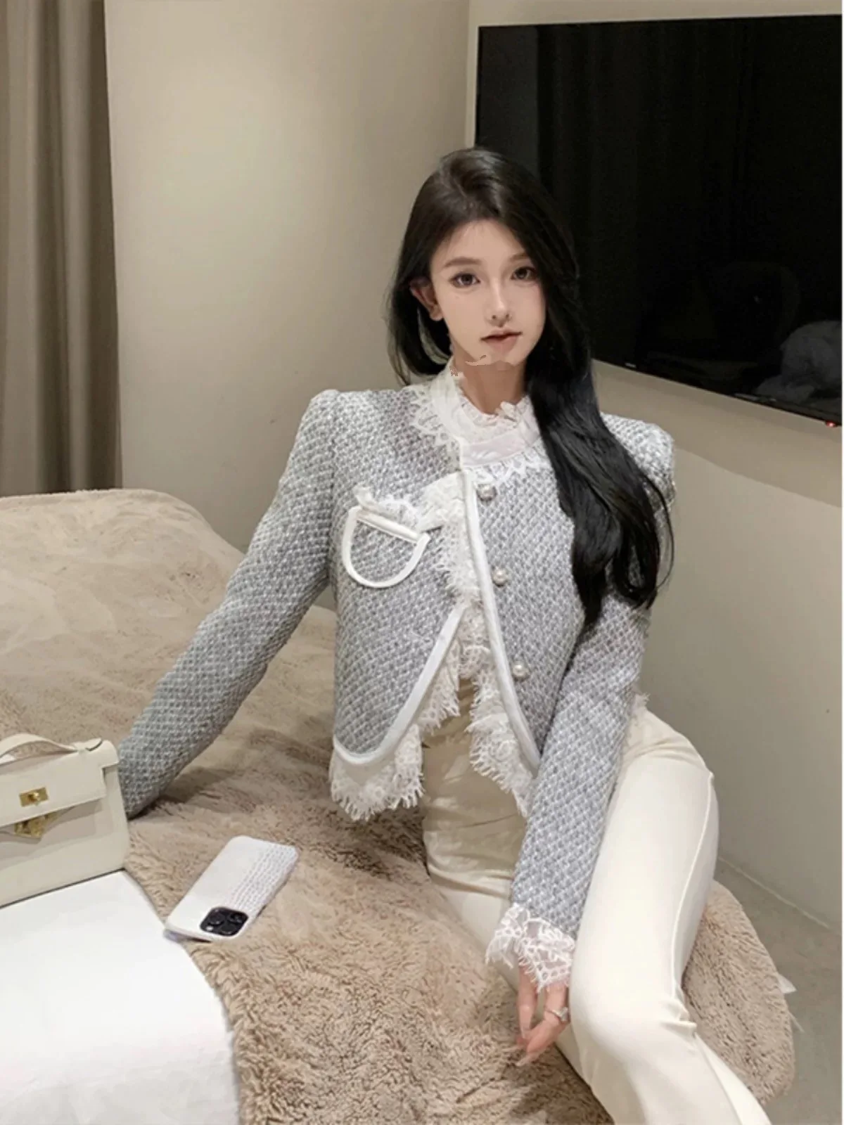 

Зимнее женское пальто Ele 2025 с кружевной отделкой, из плотной шерсти, элегантное, люксовое, модная верхняя одежда