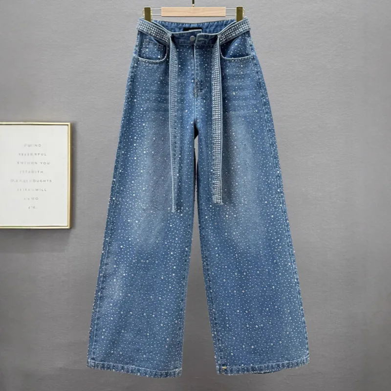 ANJY Autumn Winter New Women's American Fashion Studded Diamonds Elegant Jeans Niche Loose Heavy Craft Trendy Denim Pants A13914