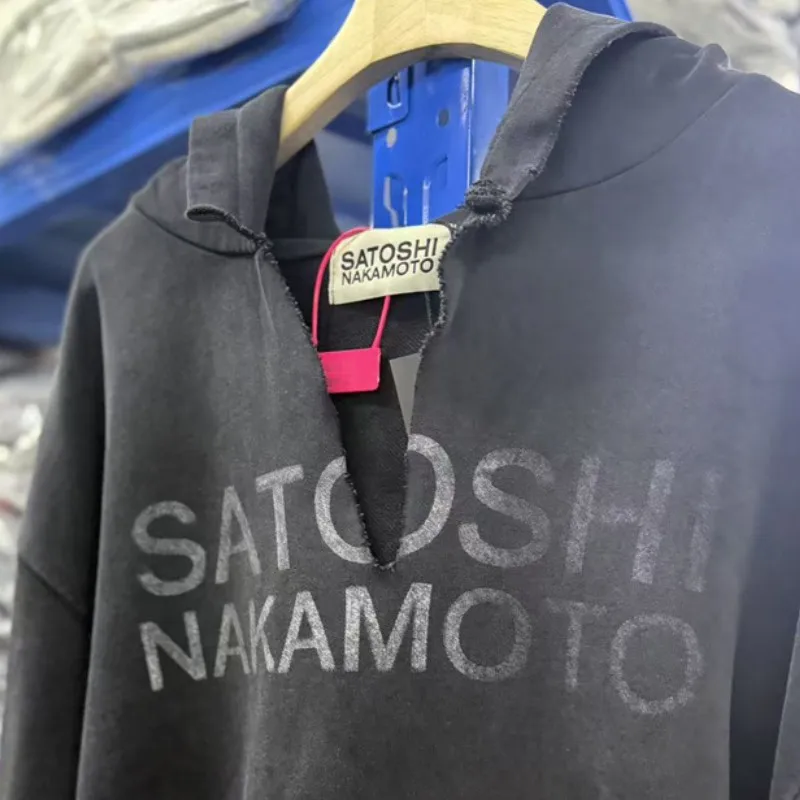 Winter Oversize SATOSHI Hoodie Retro Washed Black Destroy Collar Colorful Rivet Hood SweatshirtsMen Women Hiphop Street Outfit