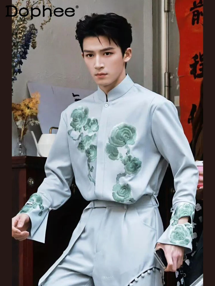 

Masculinity 2025 Four Seasons Wear Embroidered Stylish Shirts Fashion Hollow Out Trendy Shirts Long Sleeve Handsome Unique Tops