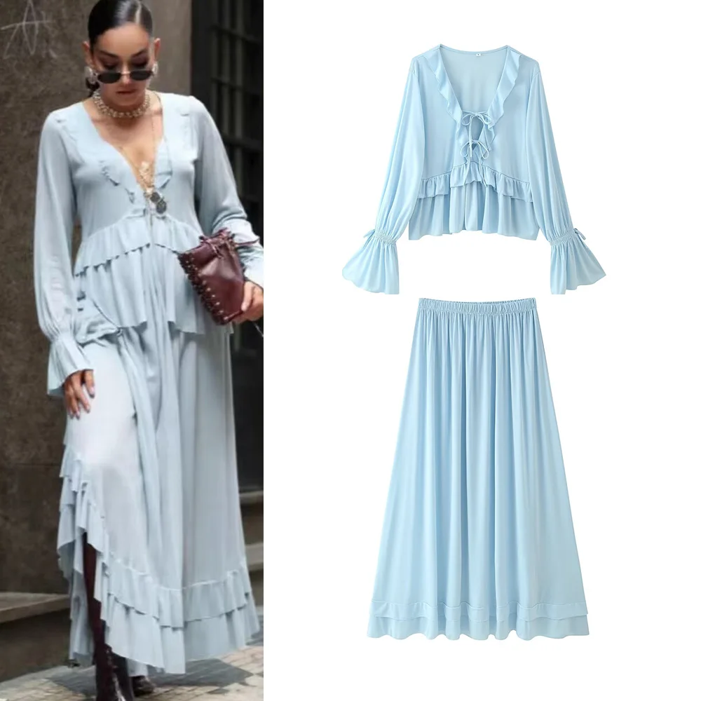 

Women Sets 2025 Spring Summer Thin Tierred Ruffles Bow Tied Deep V Blouse Blue Shirt Crop Top Maxi Long Skirts Suits