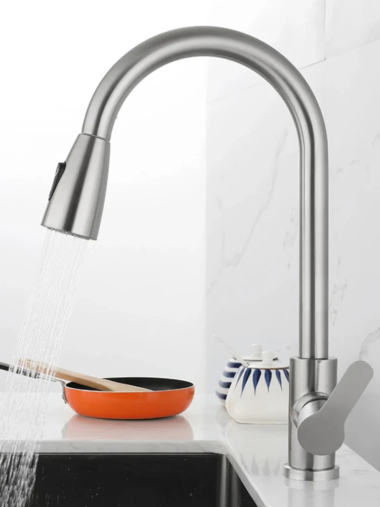 Küchenarmaturen aus gebürstetem Nickel, herausziehbar, Küchenspüle, Wasserhahn, Deckmontage, Mischer, Stream-Sprühkopf, heiße und kalte Wasserhähne, Splitter – Detail 9