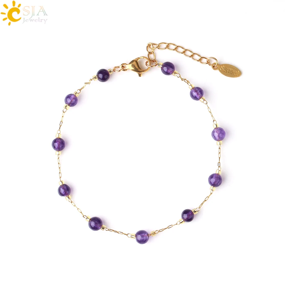 CSJA Natural Stone Crystal Beaded Bracelet Gold Color Stainless Steel Bracelet for Women Thin Link Chain Luxe Femme Jewelry G908