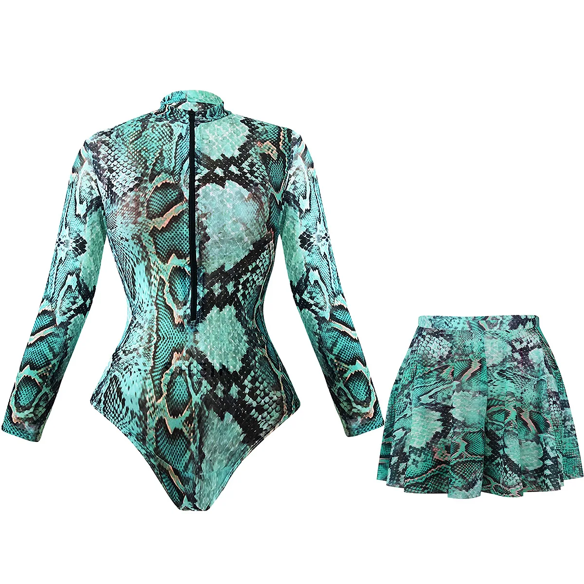 

Slimming Mesh Swimsuit One Piece with Long Sleeves Sexy Bathing Suit Featuring Skirt ＆ Long Pants Bodysuit for Smart Beach Wear