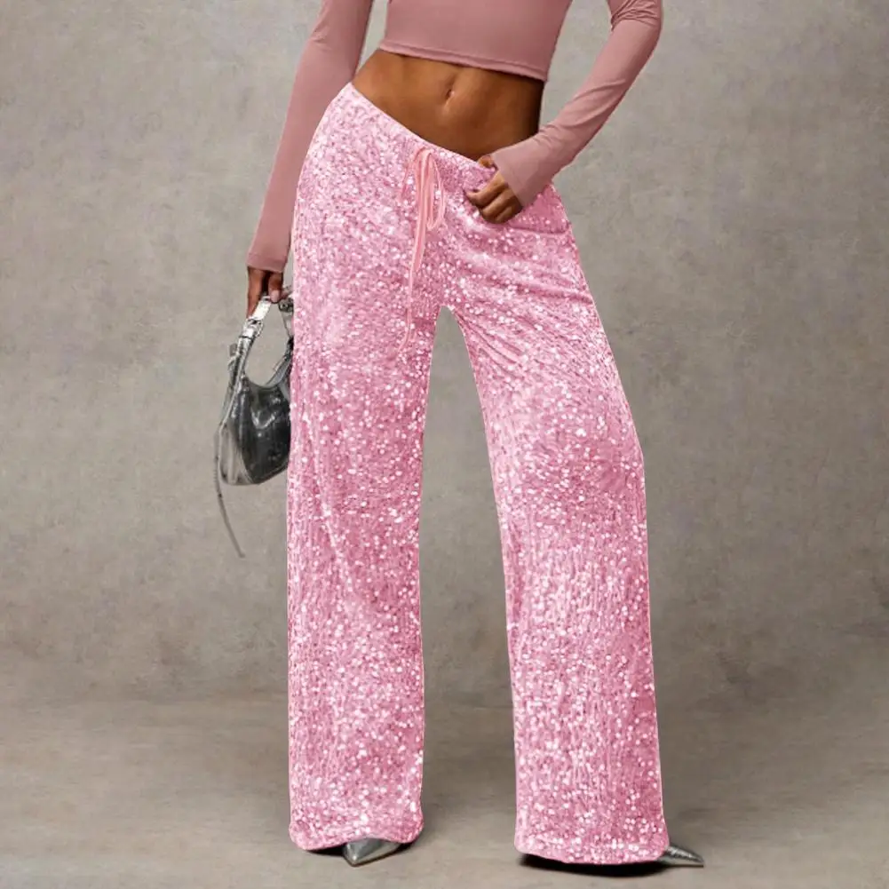 Pantalon à paillettes pour femmes, cordon de serrage, doux, élastique, taille basse, jambes larges, nouvelle dame, automne hiver, vêtements d'extérieur pour les déplacements, 2025