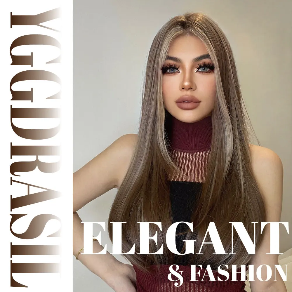 26Inch Elegant Brown With Gray Highlight Synthetic Wigs Middle Part Long Straight Hair Wig For Women Front Lace Heat Resistant