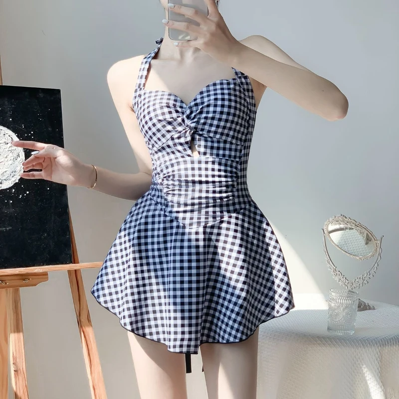 

2026 New Women Backless One Piece Swimsuit Modest Plaid Lace Up Skirted Bathing Suit Tummy Control Slimming Beachwear