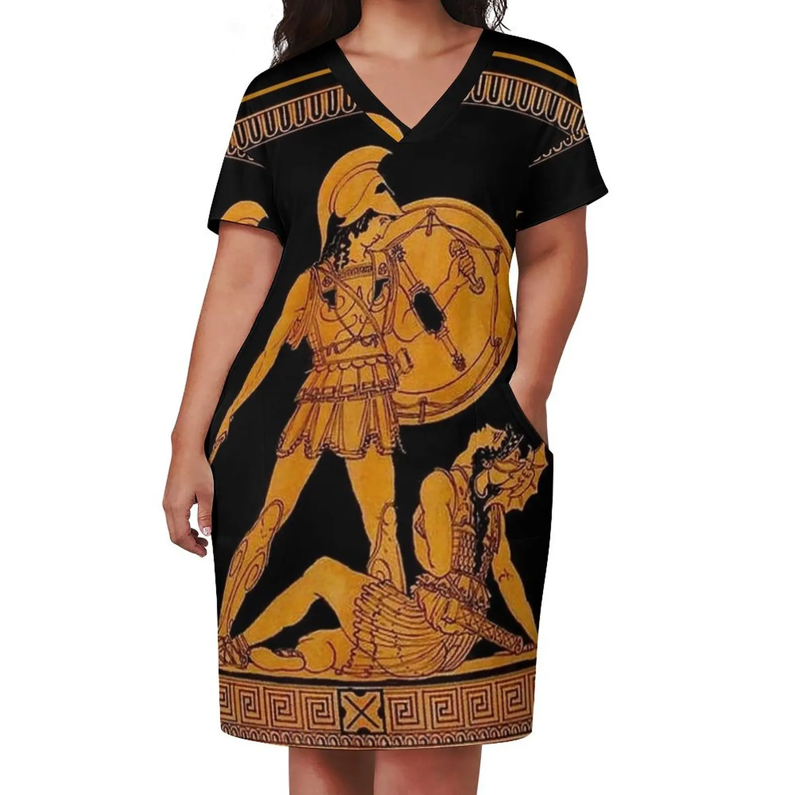 GREECE : Ancient God and Goddess Frieze Print Loose Pocket Dress evening dress Casual dresses dress party night Female clothing