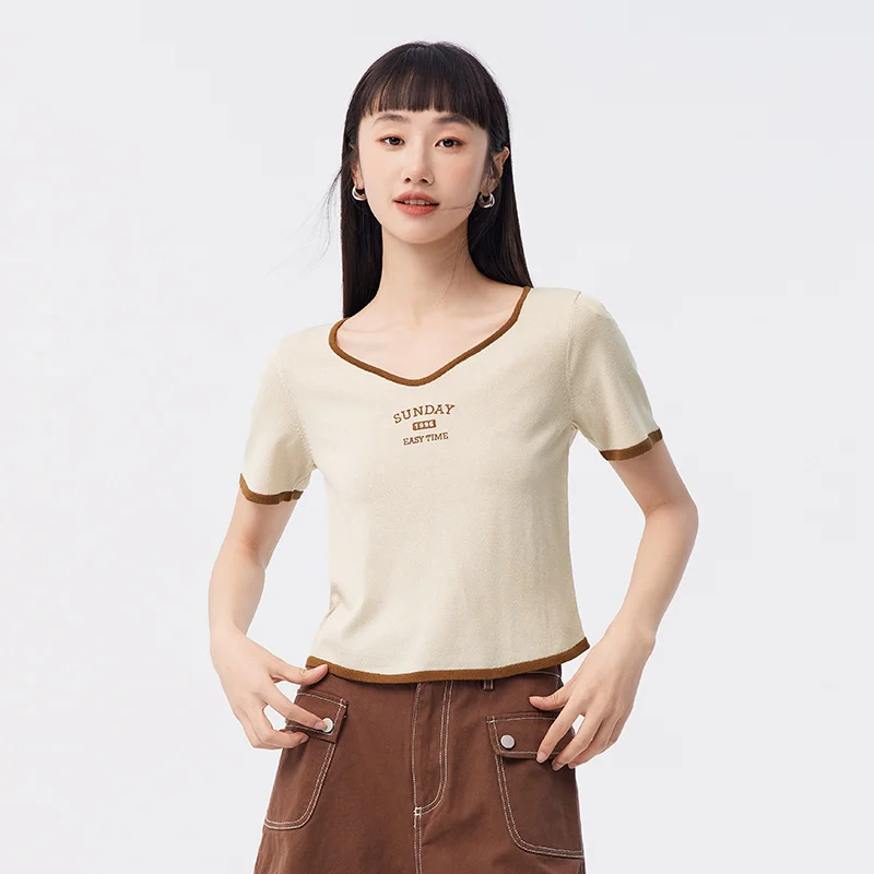 SEMIR-Pull court avec lettres brodées pour femme, haut slim, nouvelle collection été 2024