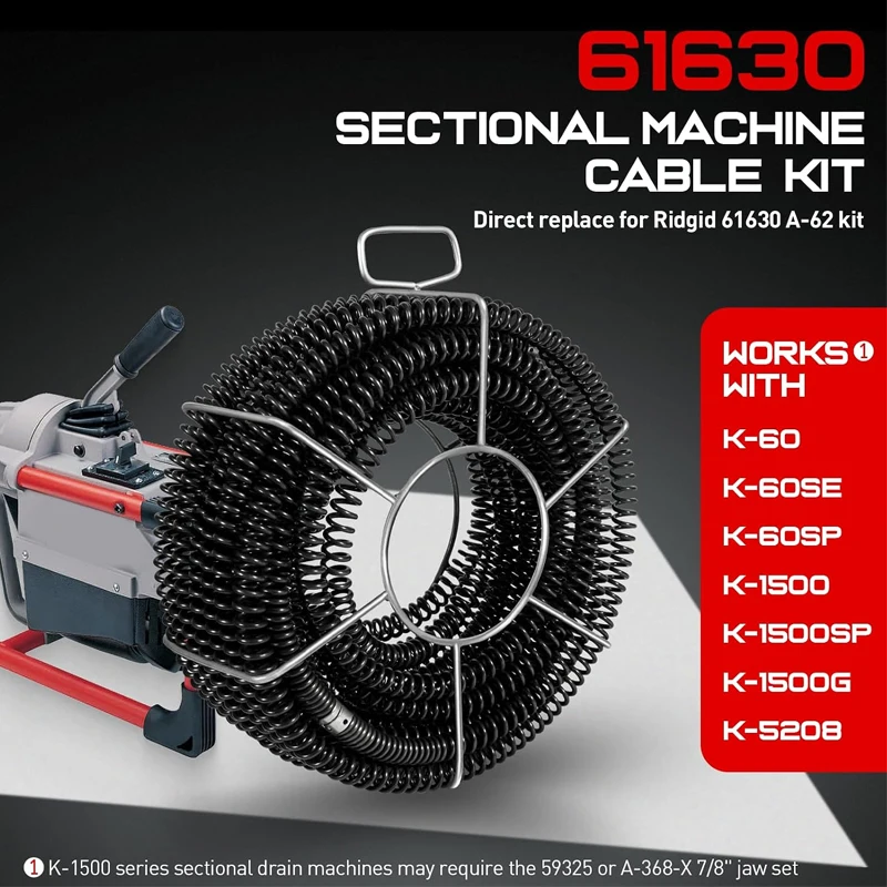 61630 A-62 Drain Cleaning Cable Kit, 7/8in x 75 Ft ,C-10 Sectional Cable with A-8 Carrier, For Ridgid K-60, K-60SP, and K-1500