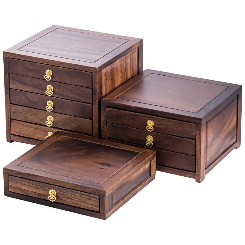 Chinese Drawer Type Wedding Gift for Guest Tea Pot Candy Box Tea Cake Storage Multi-layer Solid Wood Black Walnut Home Decor