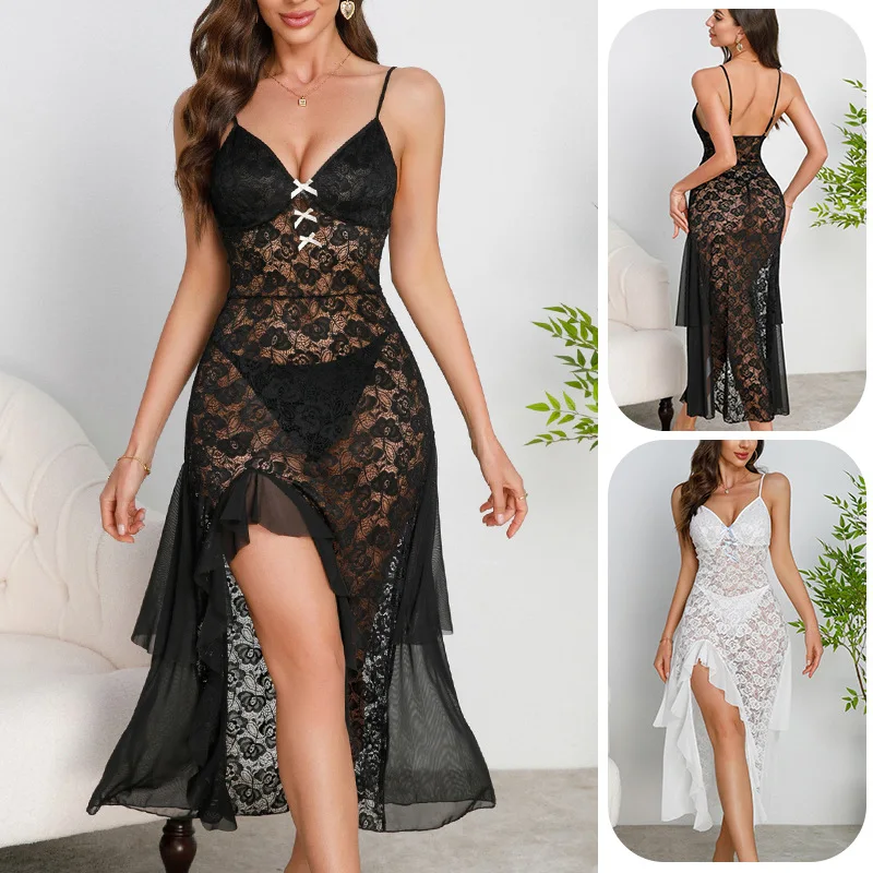 

Sexy Femal Lace Lingerie Mesh Transparent Suspender Deep V-shaped Split Strap Dress Irregular Slit Bowknot Pajamas High Quality