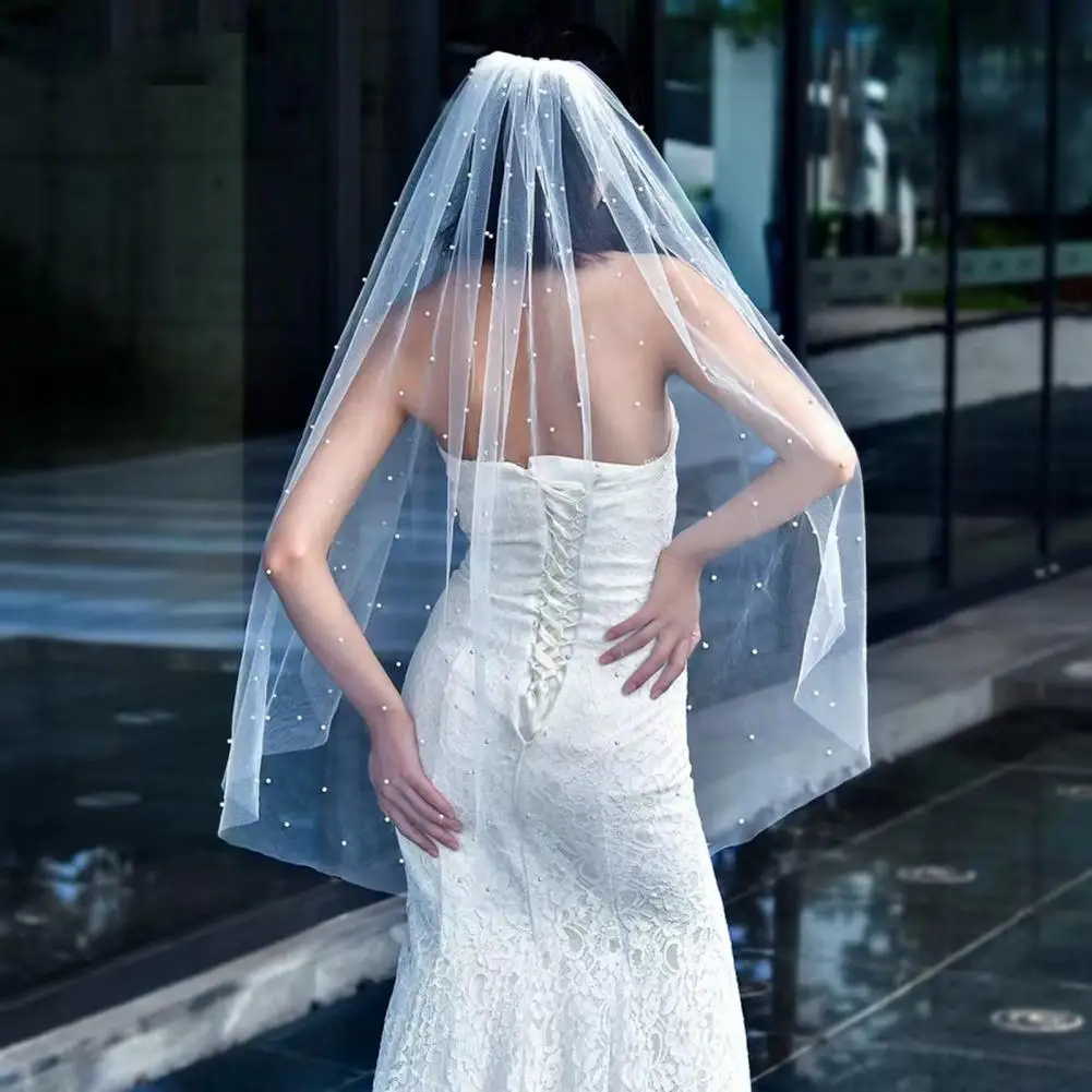 

Bridal Veil with Faux Pearls Embellishment Women Lightweight Breathable Tulle Bride Veil Lightweight Short Bridal Veil
