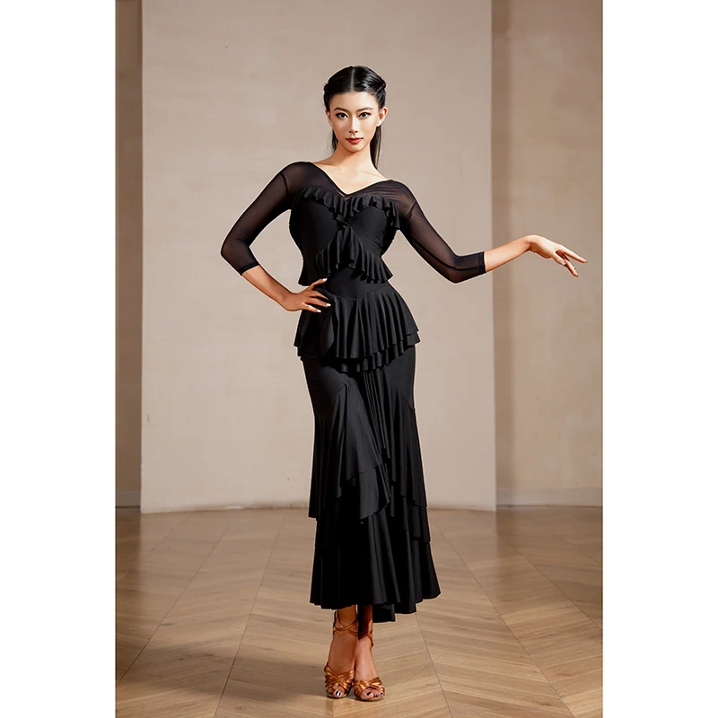 Modern Ballroom Dance Costume Women Mesh Ruffle Half Sleeve Dress National Standard Competition Performance Stage Dress DQL12384