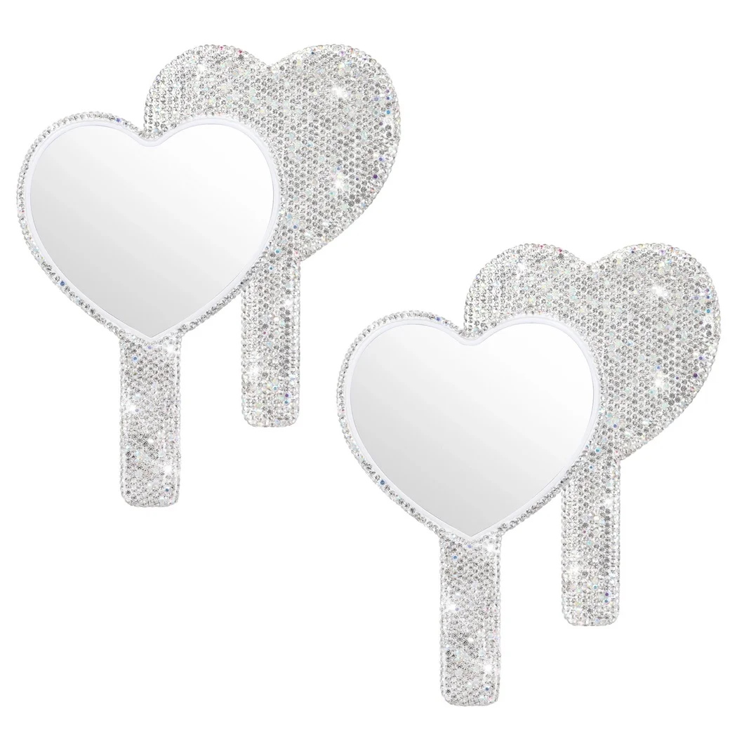 2Pcs/Set Rhinestone Handheld  Dazzling Bling Heart-Shaped Hand  Small Decor Makeup Mirrors Portable Travel Mirrors