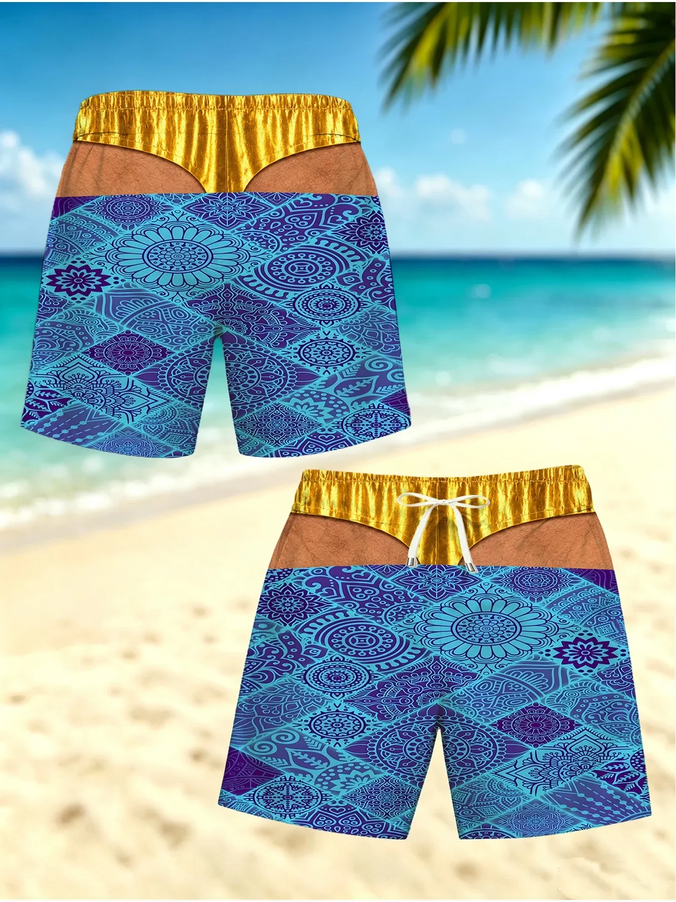 Cartoon Flamingo Rainbow Print Men Swim Trunks Quick Dry Drawstring Beach Shorts Optical Illusion Board Shorts