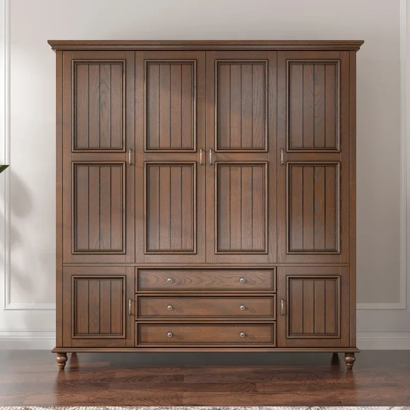 

Шкаф из цельного дерева, простой ретро трехдверный четырехдверный вертикальный навесной шкаф для спальни, шкаф на всю стену