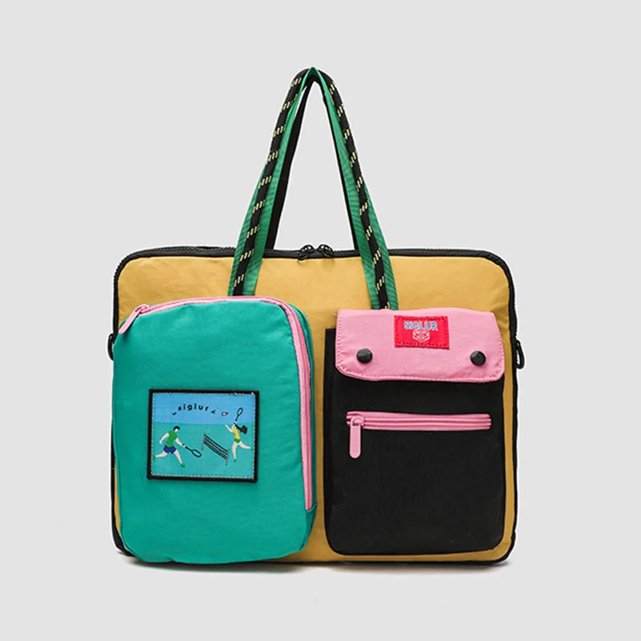 Borsa per computer con motivo cartoon a blocchi di colore di nicchia da donna, borsa portatile monospalla, borsa per pendolarismo quotidiano in stile universitario
