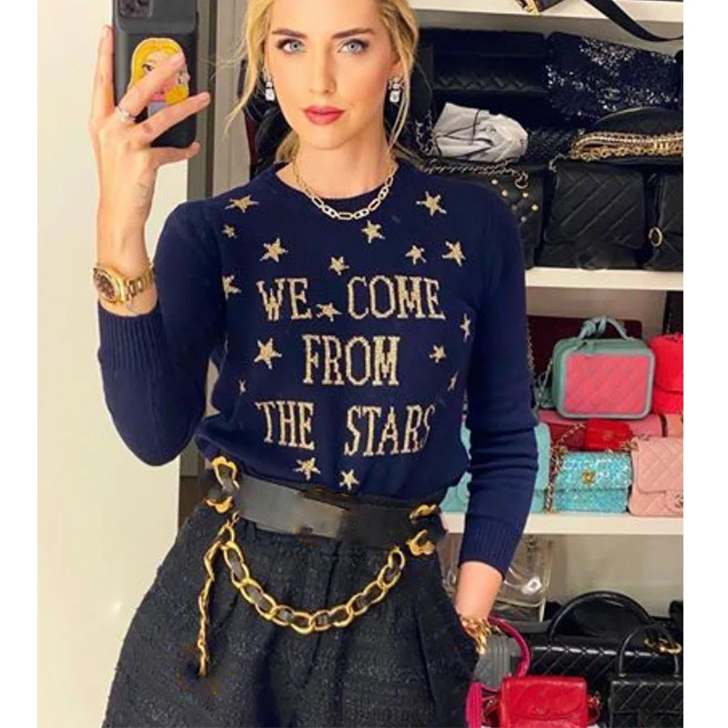 

Cosmicchic Women Stars Pullovers 100% Wool Long Sleeve Knitted Sweater Gold Star Letter Jumpers NavySweater Blue Soft Knitwear