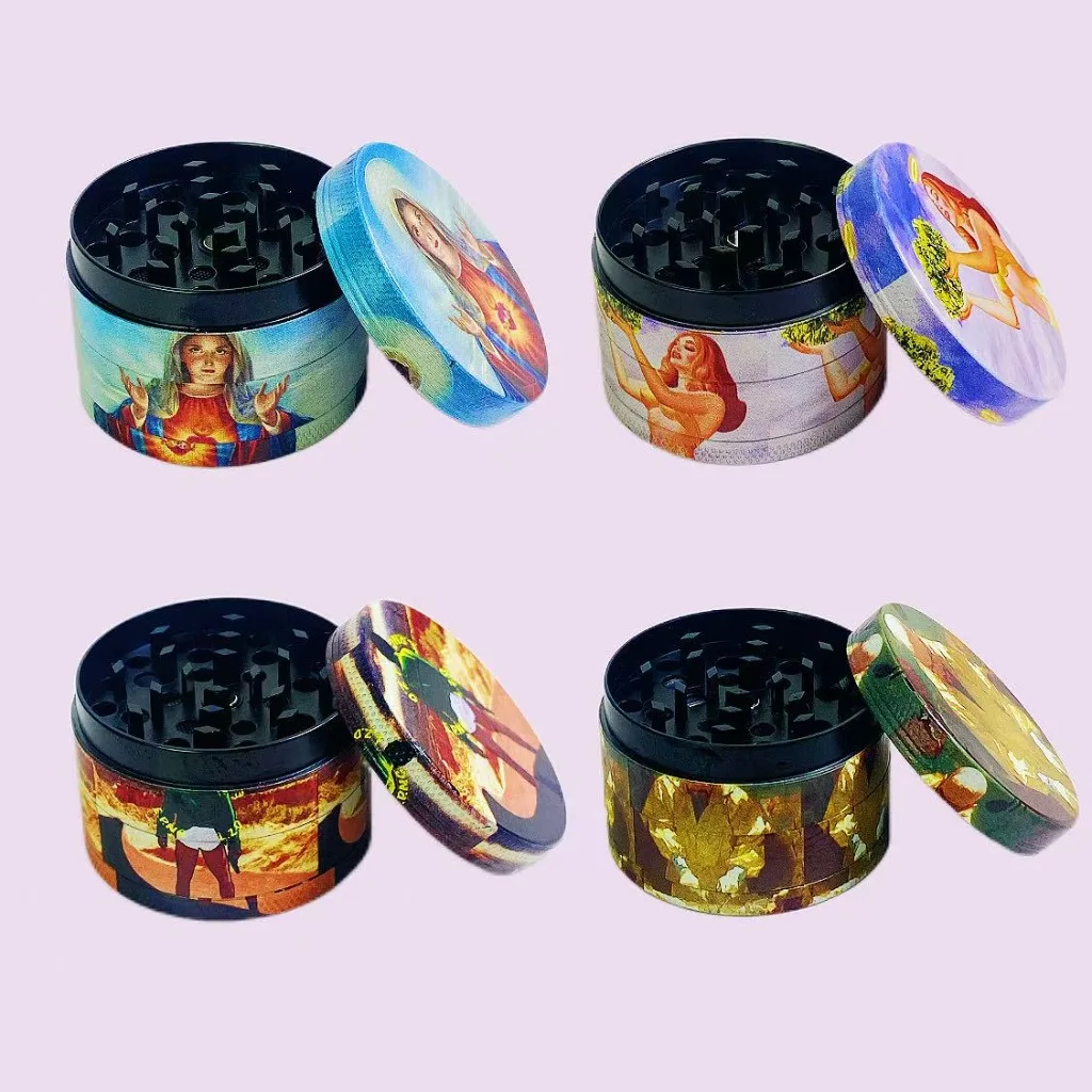 

2 Inch 5cm 4Layer Zinc Alloy Herb Grinder Pollen Catcher Magnetic Closure Manual Smoking Tool Art Print Religious Figure Pattern