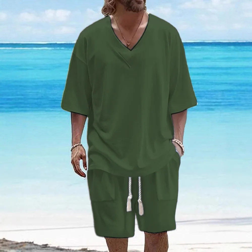 Classic Men's summer new simple casual style solid color comfortable breathable V-neck short-sleeved top tied shorts set