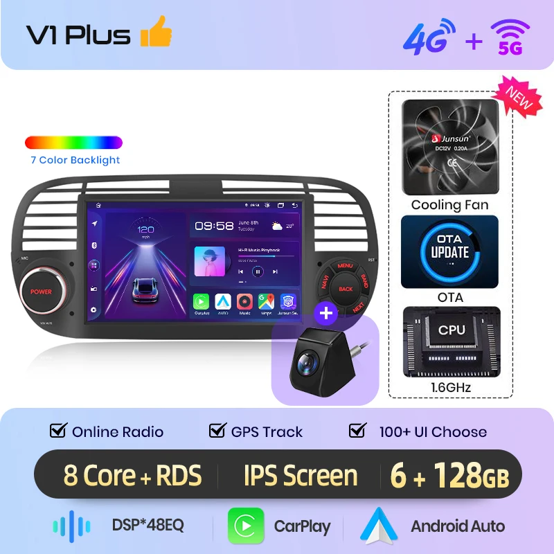 Junsun 7 inch draadloze CarPlay Android Auto autoradio voor Fiat 500 500C Abarth 2007-2015 Multimedia draadloze Apple CarPlay Smart Intelligent Systems IPS touchscreen stereo videospeler 2 Din