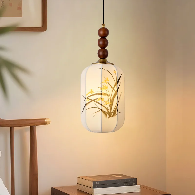 Retro White Printing Fabric Ceiling Pendant Light Wooden Bead Hanging Lamp Living Room Bedroom Restaurant Kitchen LED Chandelier