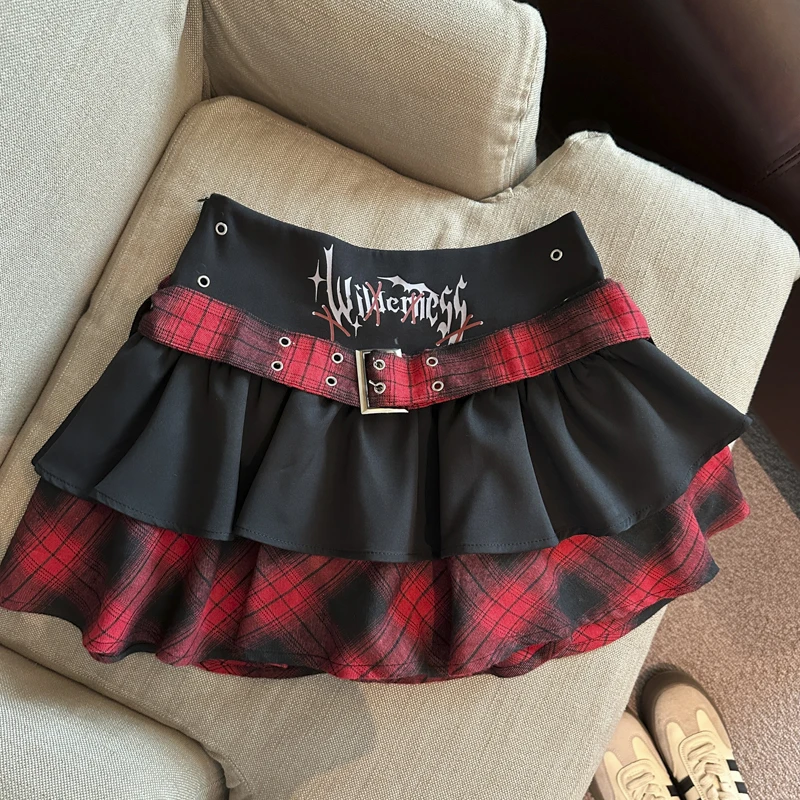 Y2K Gothic Mini Skirt Women Belt Plaid Patchwork Summer Harajuku Cake Skirts Print A Line Streetwear Female Student Kawaii Skirt