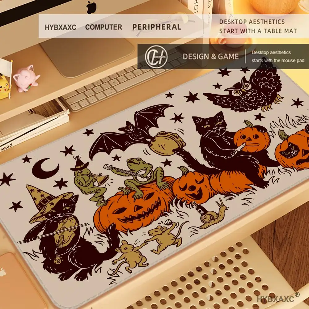HYBXAXC Halloween Cute Ghost Black Cat Pumpkin Forest Gaming Mouse Pad Non Slip Rubber Stitched Edge Large Keyboard Mat Mousepad