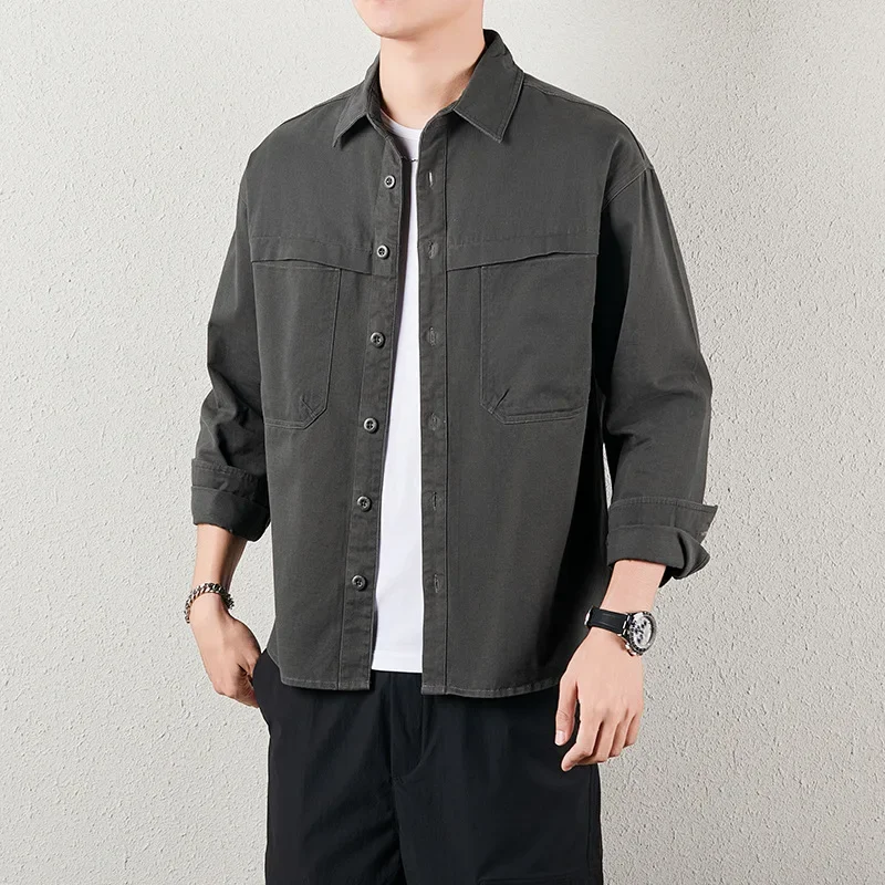 Pop Men's Shirt Japanese Workwear Style Cotton Shirt Long Sleeve Collared Casual Loose Fit Shirt Jacket Outerwear Men's Clothing