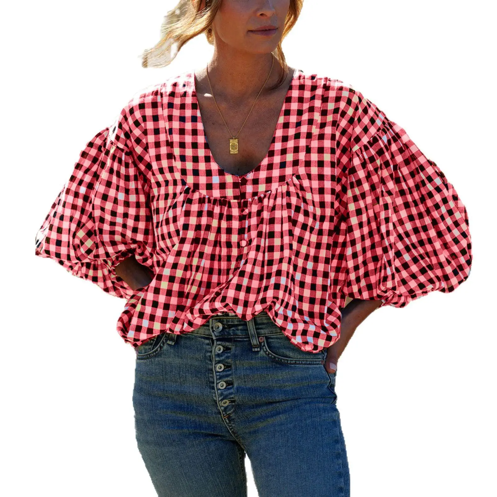 เสื้อผ้าผู้หญิง คอจีบ ลายสก็อต แขนยาวทรงบับเบิ้ล ผ้าโพลีเอสเตอร์ สวมใส่สบาย สไตล์ลำลอง