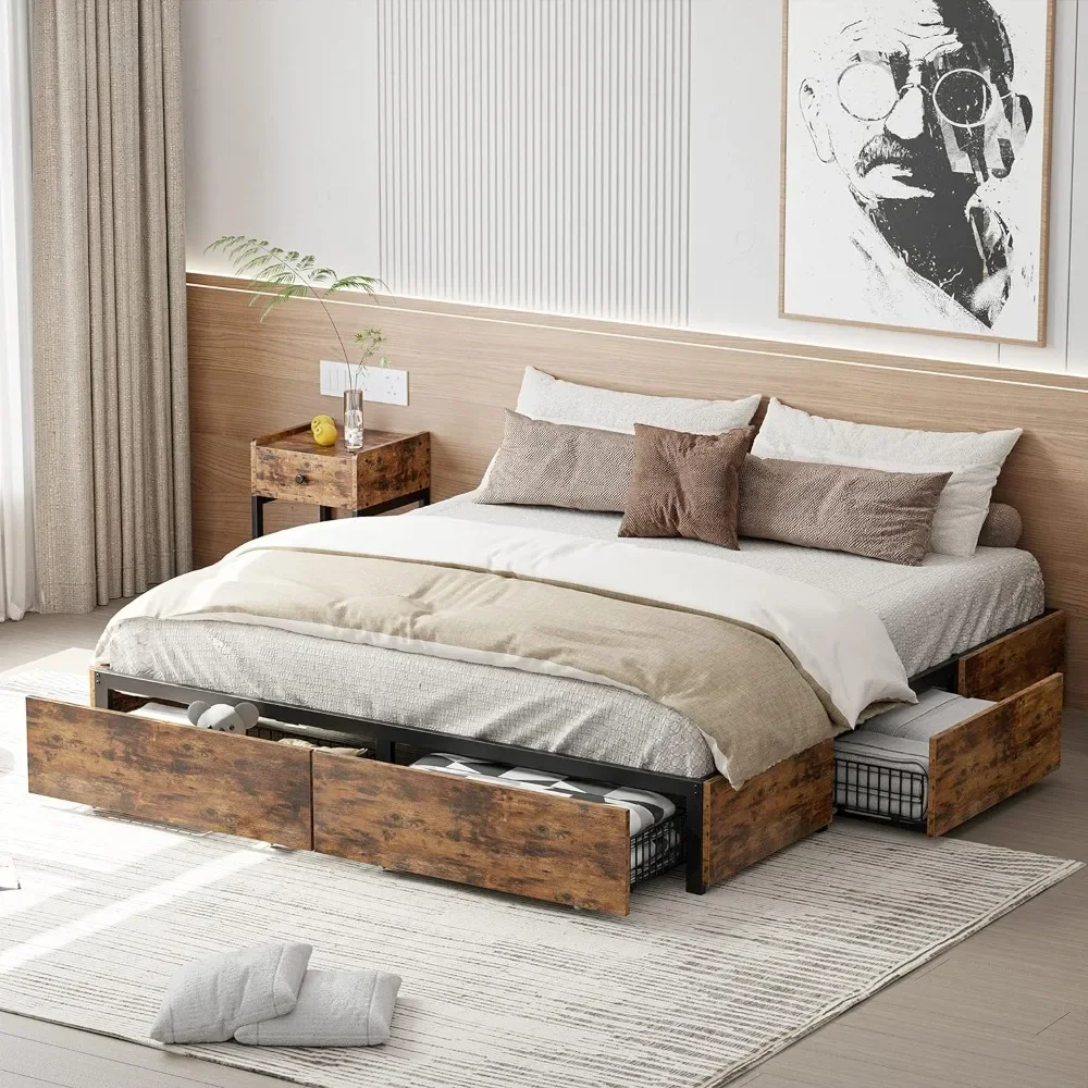 Queen Size Bed Frame, 4 Drawers and Heavy Strong Metal Support Frames, Solid Stable, Noise-Free, Easy Assembly, Bed Fra